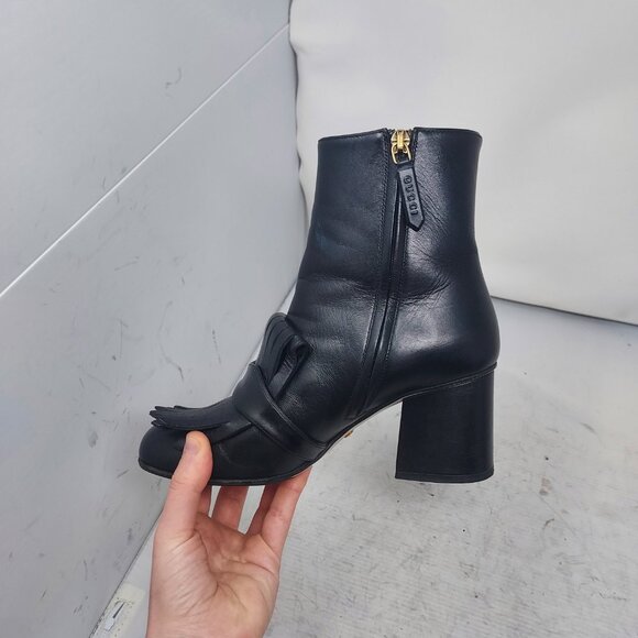GUCCI Leather Black Malaga Kid GG Marmont Fringe Ankle Boot - Picture 9 of 15